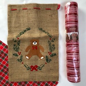 NEW 30 Ft Roll Holiday Red Mesh Ribbon & Christmas Bear Burlap Santa Sack